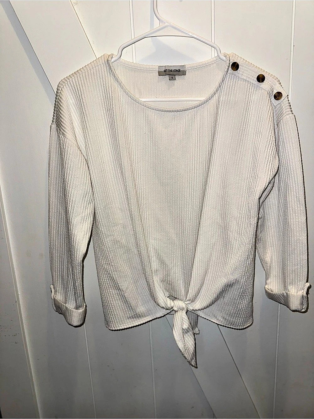 Set the Stage Ribbed Tie Front Top with Shoulder Buttons White Size Small